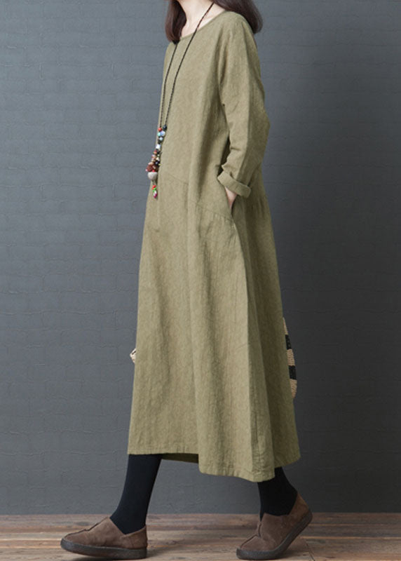Stylish Green O-neck Patchwork Linen Dresses Spring