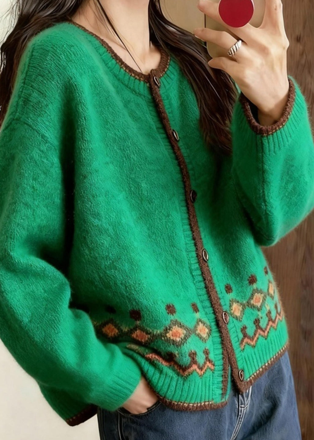 Stylish Green O-neck Print Button Cotton Knit Cardigan Spring
