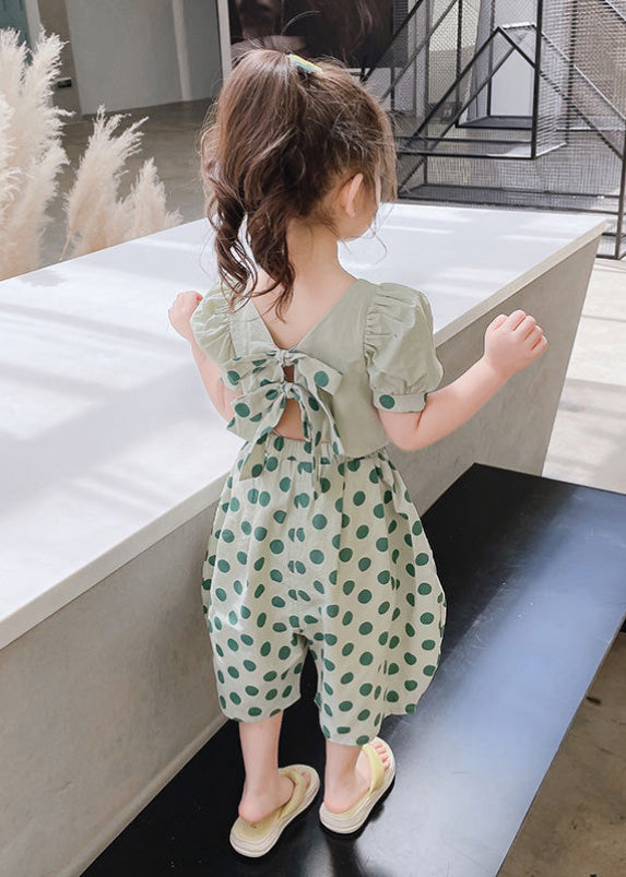 Stylish Green O-neck Print Cotton Top and Crop Pants Two Pieces Set Short Sleeve