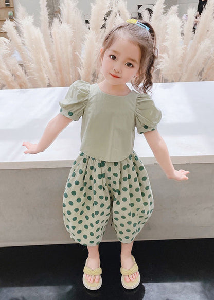 Stylish Green O-neck Print Cotton Top and Crop Pants Two Pieces Set Short Sleeve