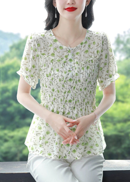 Stylish Green O-neck Ruffled Print Chiffon Shirts Summer