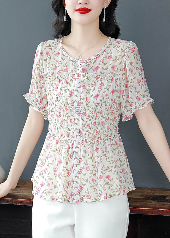 Stylish Green O-neck Ruffled Print Chiffon Shirts Summer