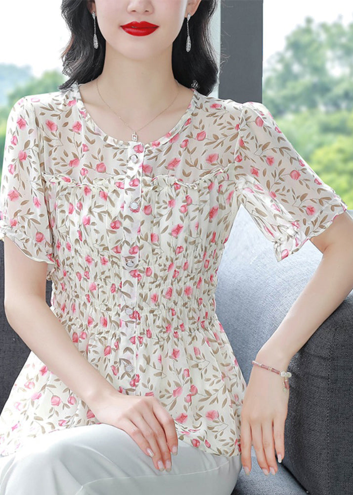 Stylish Green O-neck Ruffled Print Chiffon Shirts Summer