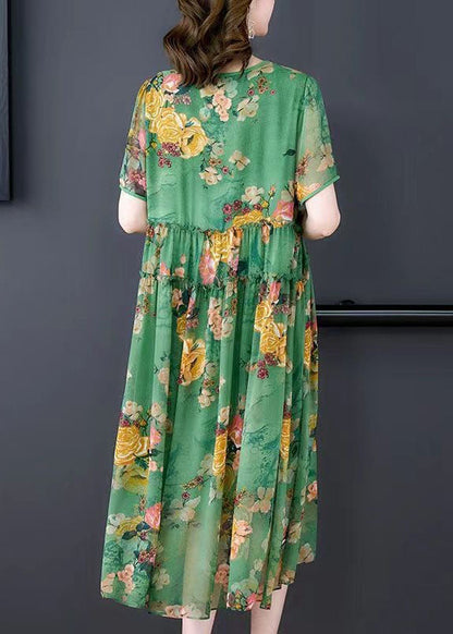 Stylish Green O-neck Ruffled Print Patchwork Silk Dresses Summer