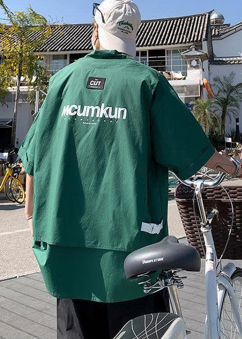 Stylish Green Oversized Patchwork Cotton Compression Shirt Half Sleeve