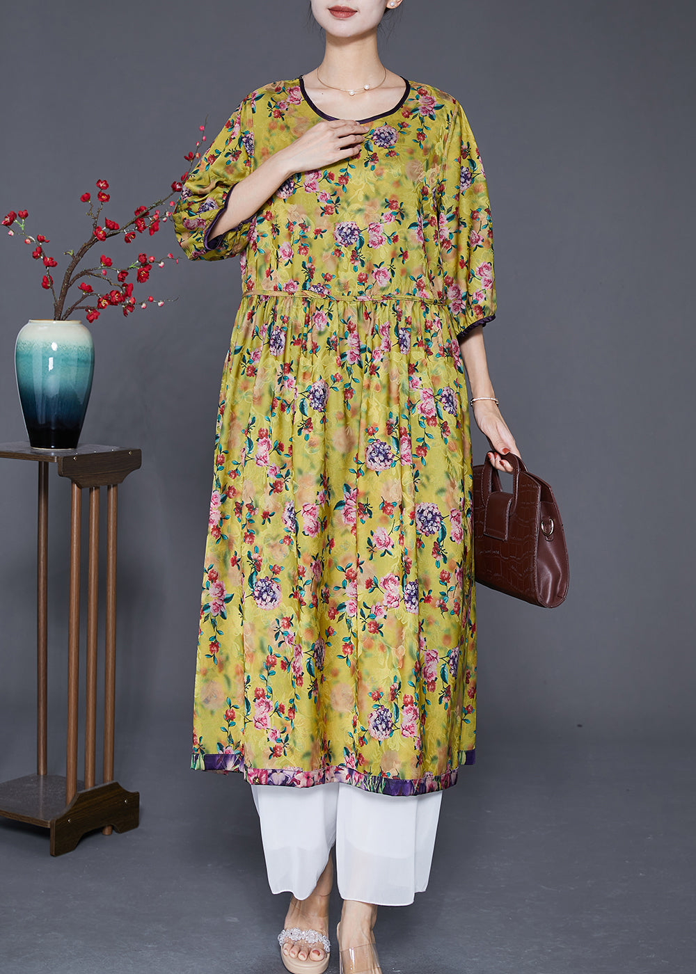 Stylish Green Oversized Print Wear on Both Sides Silk Long Dresses Summer