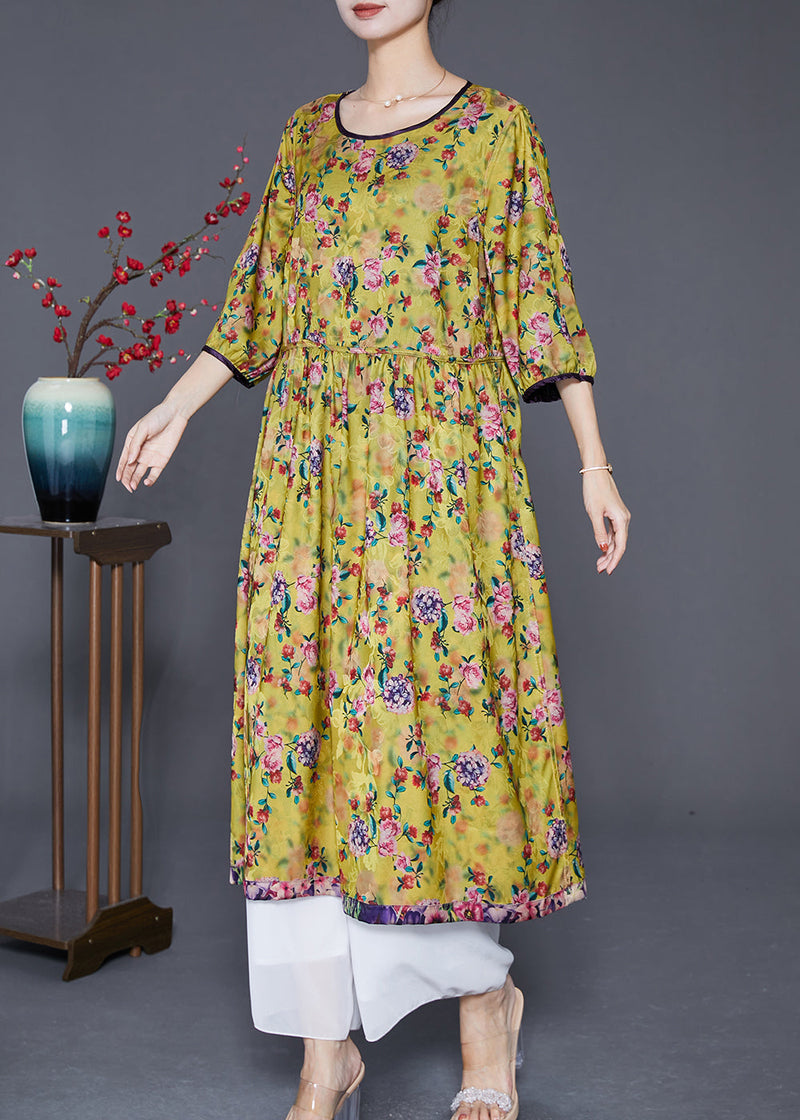 Stylish Green Oversized Print Wear on Both Sides Silk Long Dresses Summer