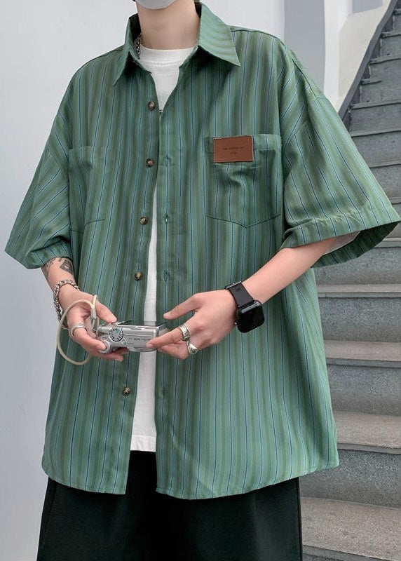 Stylish Green Oversized Striped Cotton Apparel Half Sleeve