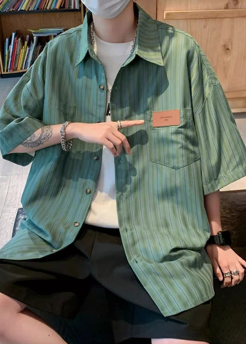 Stylish Green Oversized Striped Cotton Apparel Half Sleeve