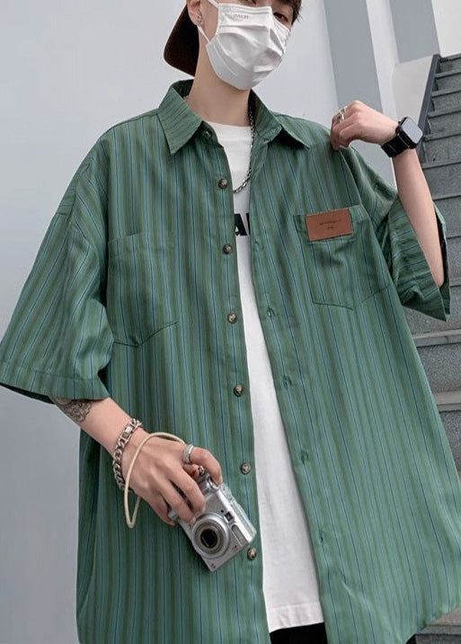 Stylish Green Oversized Striped Cotton Apparel Half Sleeve