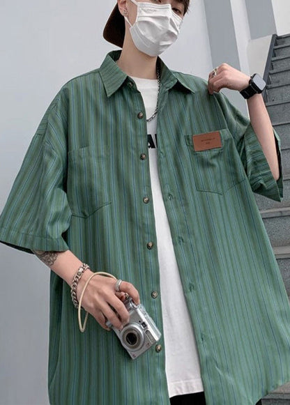 Stylish Green Oversized Striped Cotton Apparel Half Sleeve