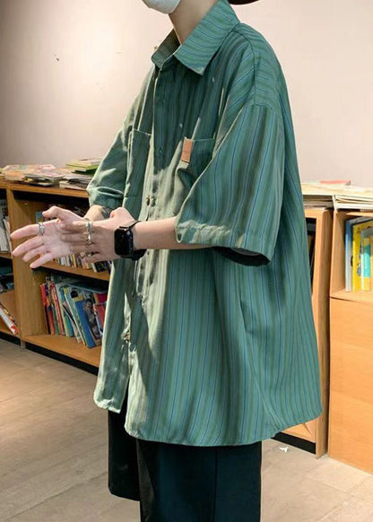 Stylish Green Oversized Striped Cotton Apparel Half Sleeve