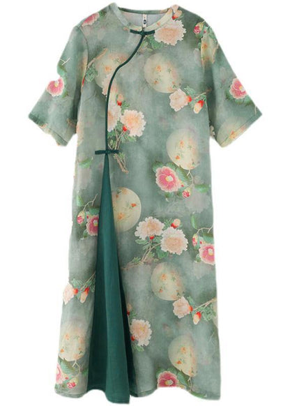 Stylish Green Print O-neck Asymmetrical Design Dress Summer Ramie