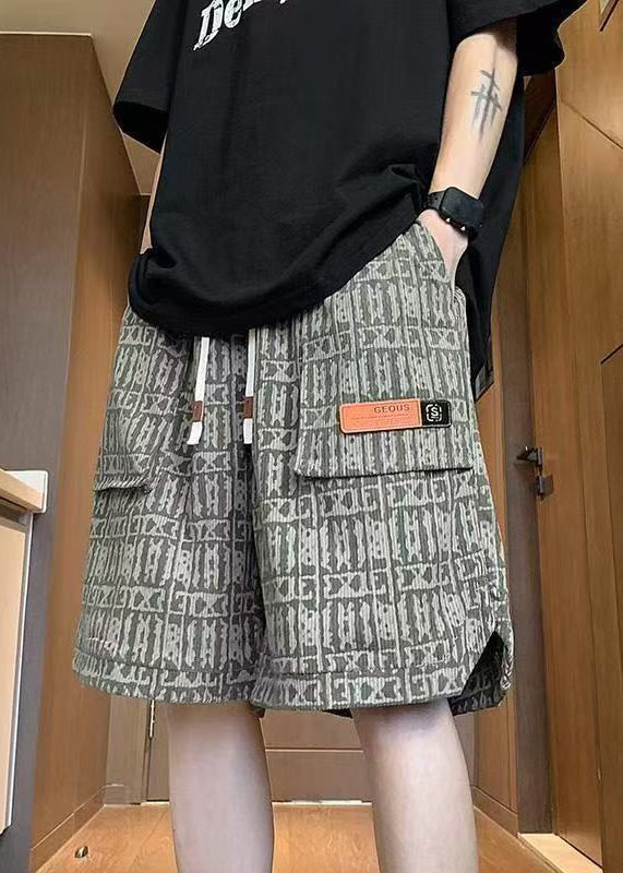 Stylish Green Print Pockets Elastic Waist Cotton Shorts Summer