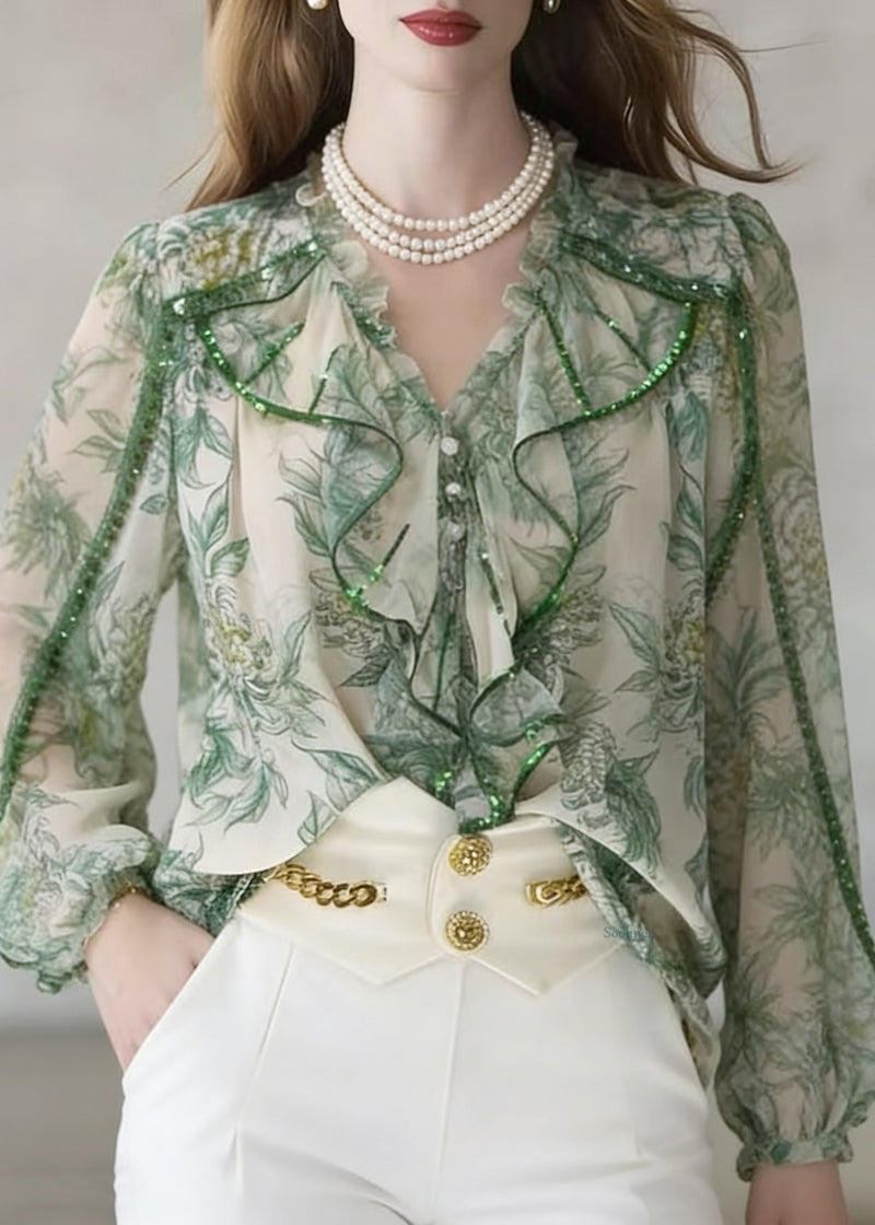 Stylish Green Ruffled Print Patchwork Chiffon Blouse Spring