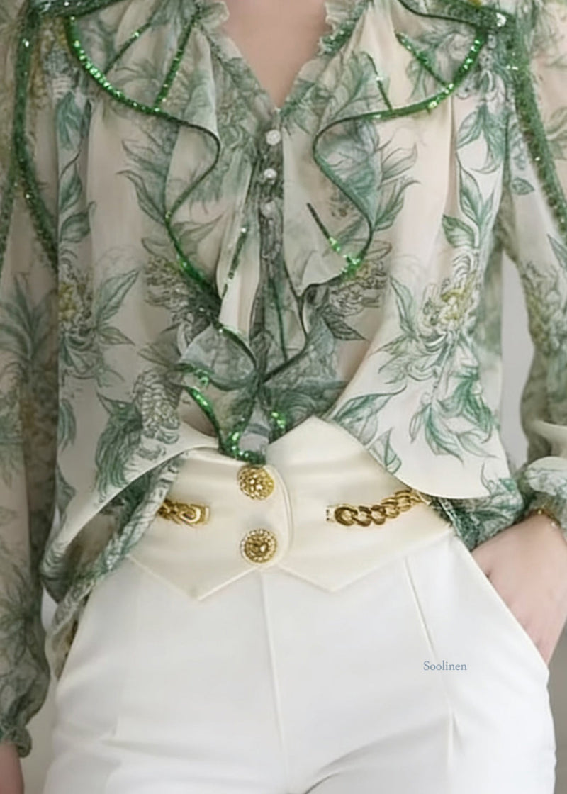 Stylish Green Ruffled Print Patchwork Chiffon Blouse Spring