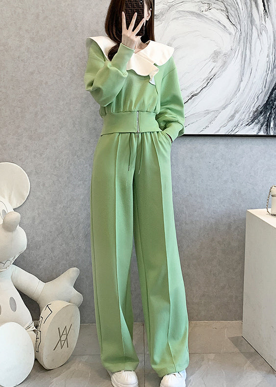Stylish Green Tops and Pants Cotton Two Pieces Set Spring