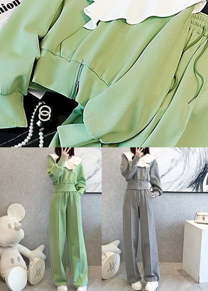 Stylish Green Tops and Pants Cotton Two Pieces Set Spring