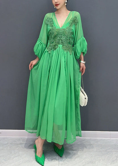 Stylish Green V Neck Embroidered Chiffon Long Dress Fall