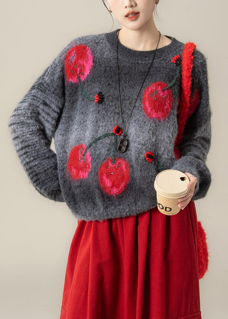Stylish Grey Jacquard Sweaters and Red Pants Two Pieces Set Winter