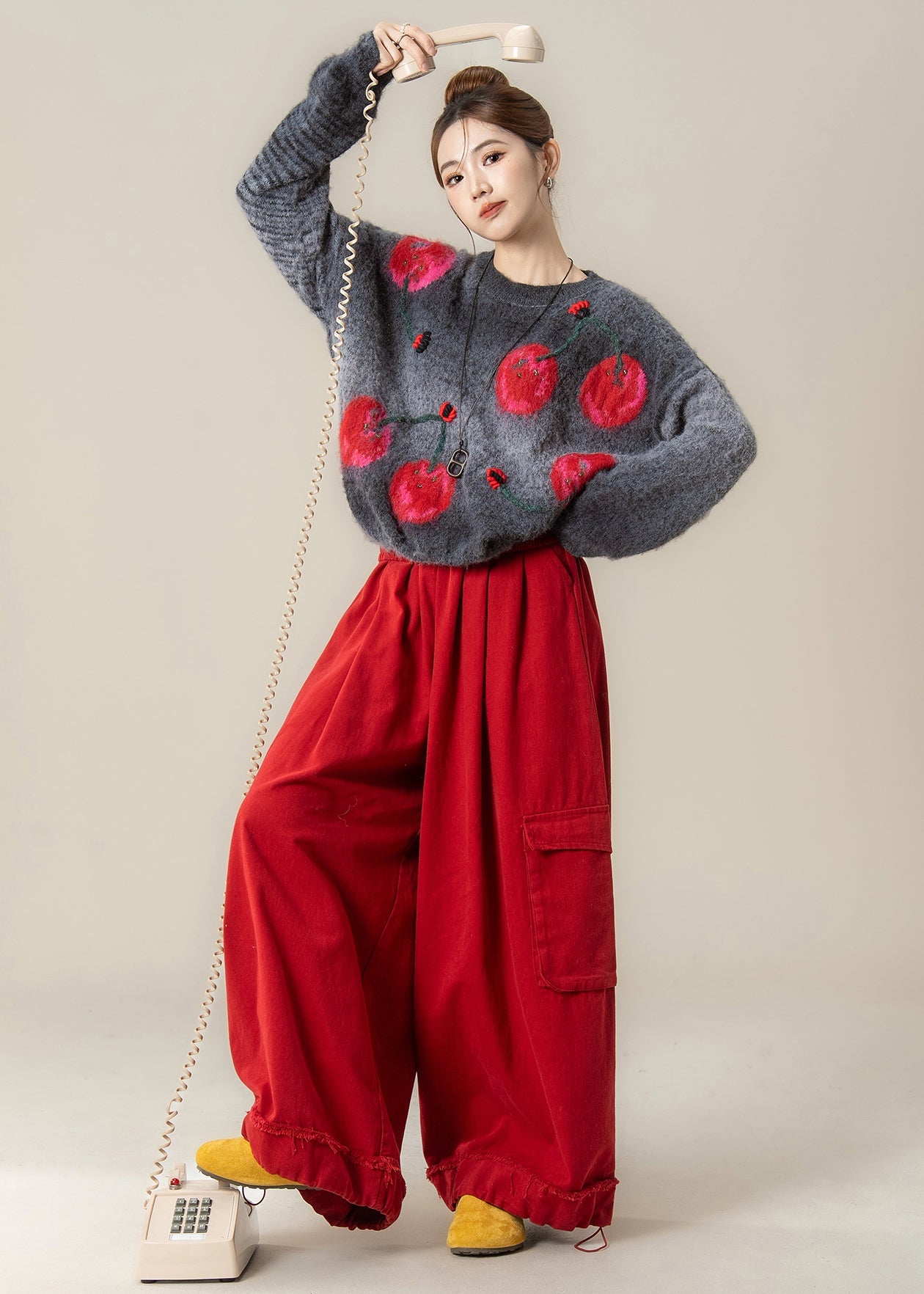 Stylish Grey Jacquard Sweaters and Red Pants Two Pieces Set Winter