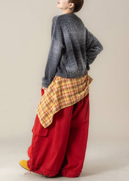 Stylish Grey Jacquard Sweaters and Red Pants Two Pieces Set Winter