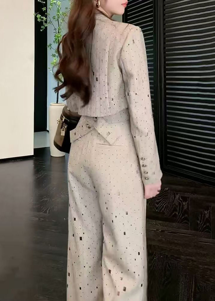 Stylish Grey Notched Print Top and Wide Leg Pants Two Pieces Set Spring