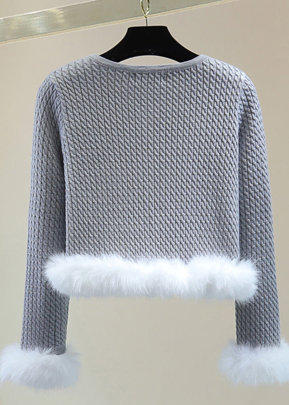 Stylish Grey O-neck Fuzzy Fur Fluffy Cotton Knit Sweater Winter