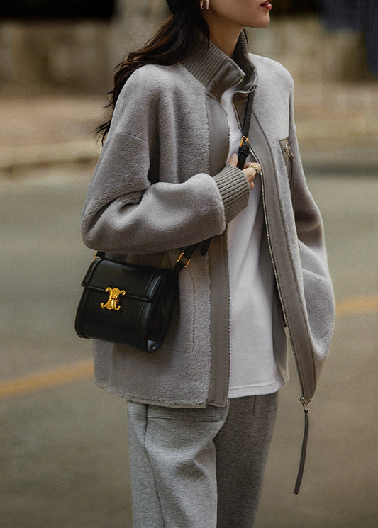 Stylish Grey Oversized Pu Patchwork Wool Coat Fall