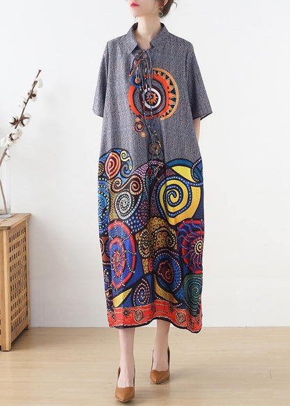 Stylish Grey Print Tie Loose Vacation Summer Chiffon Dress
