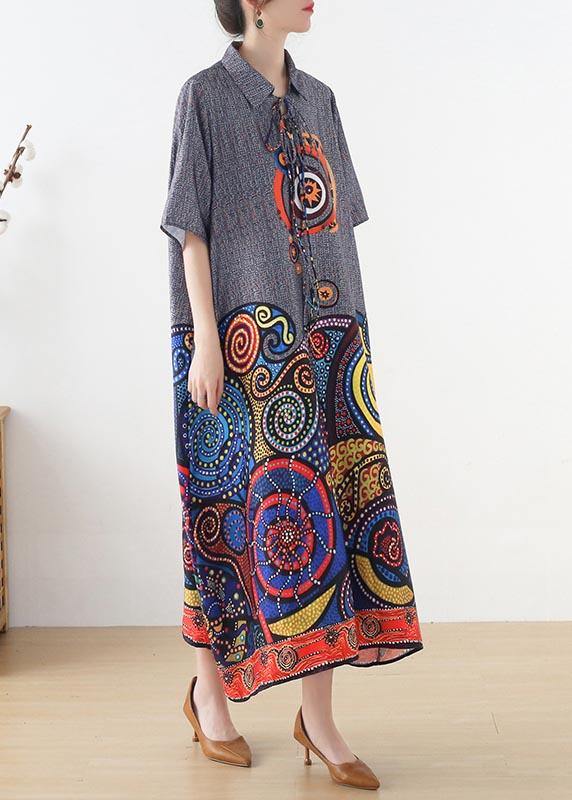 Stylish Grey Print Tie Loose Vacation Summer Chiffon Dress