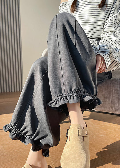 Stylish Grey Ruffled Cotton Wide Leg Pants Spring