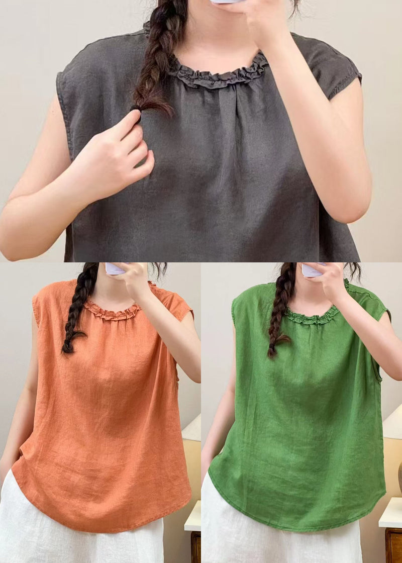 Stylish Grey Ruffled Linen Shirt Top Sleeveless