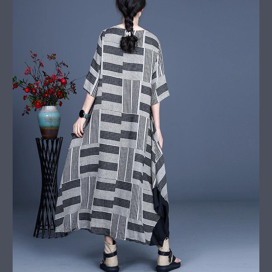 Stylish Grey Striped Patchwork Dress Summer Cotton Linen Dress