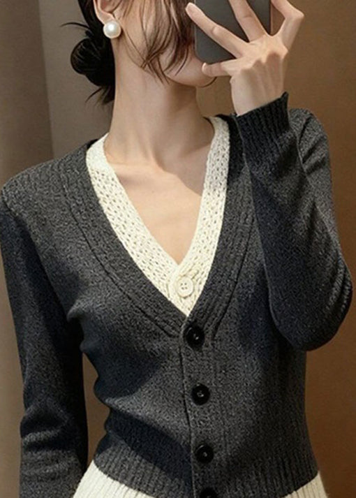 Stylish Grey V Neck Patchwork False Two Pieces Knit Sweater Spring