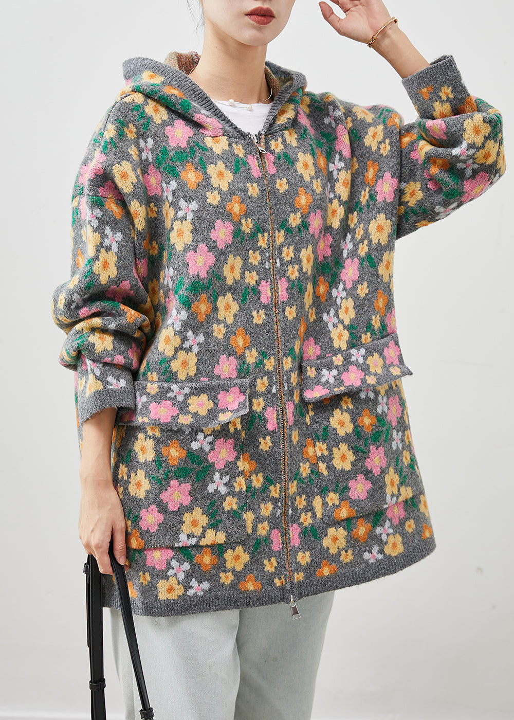 Stylish Grey Zip Up Print Knit Coat Spring