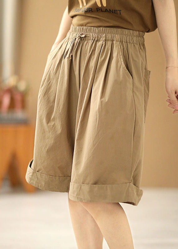 Stylish Khaki Elastic Waist Pockets Color Cotton Wide Leg Shorts Summer