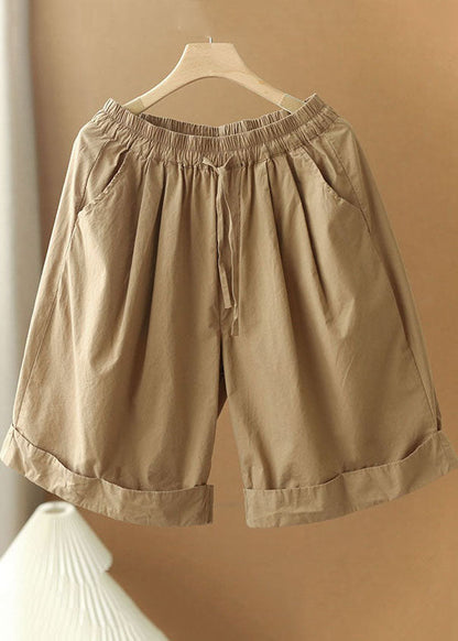 Stylish Khaki Elastic Waist Pockets Color Cotton Wide Leg Shorts Summer