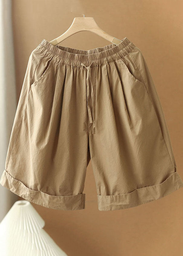 Stylish Khaki Elastic Waist Pockets Color Cotton Wide Leg Shorts Summer