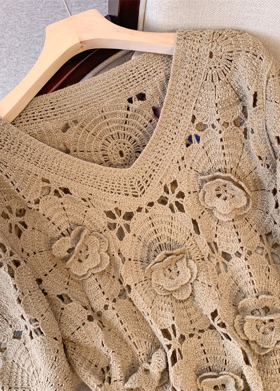 Stylish Khaki Oversized Hollow Out Knit Sweaters Fall