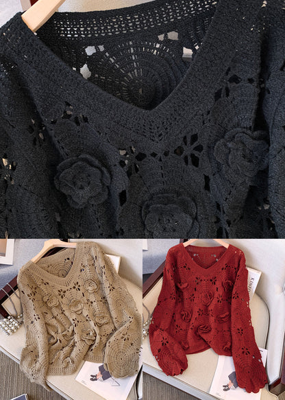 Stylish Khaki Oversized Hollow Out Knit Sweaters Fall