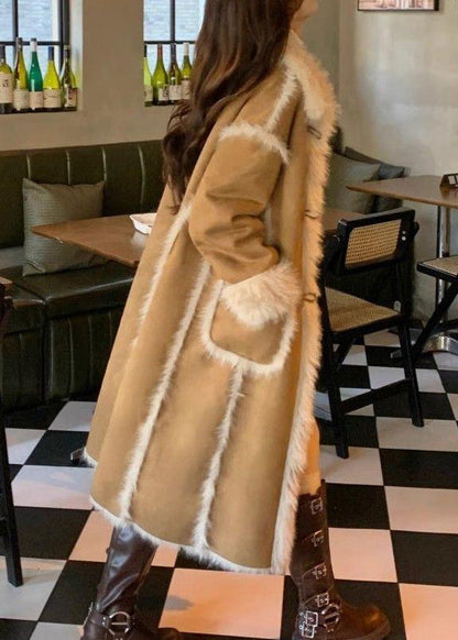 Stylish Khaki Pockets Patchwork Leather and Fur Warm Fleece Coat Winter
