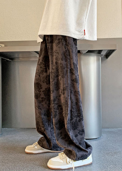 Stylish Khaki Print Elastic Waist Corduroy Pants