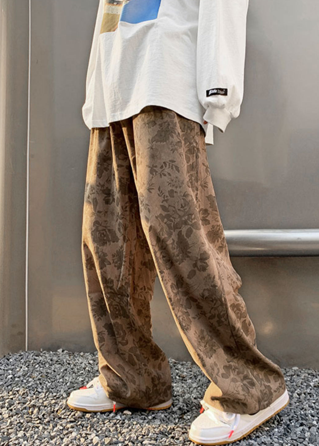 Stylish Khaki Print Elastic Waist Corduroy Pants
