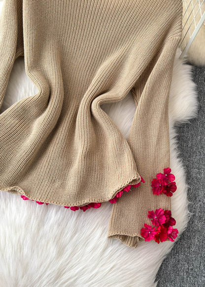 Stylish Khaki Slash Neck Cotton Knit Sweaters Winter