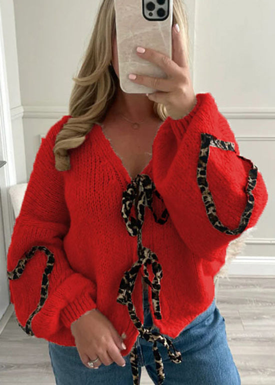 Stylish Khaki V Neck Lace Up Knit Cardigans Spring