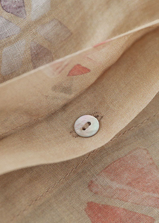 Stylish Khaki Wrinkled Print Ramie Linen Shirt Tops Spring