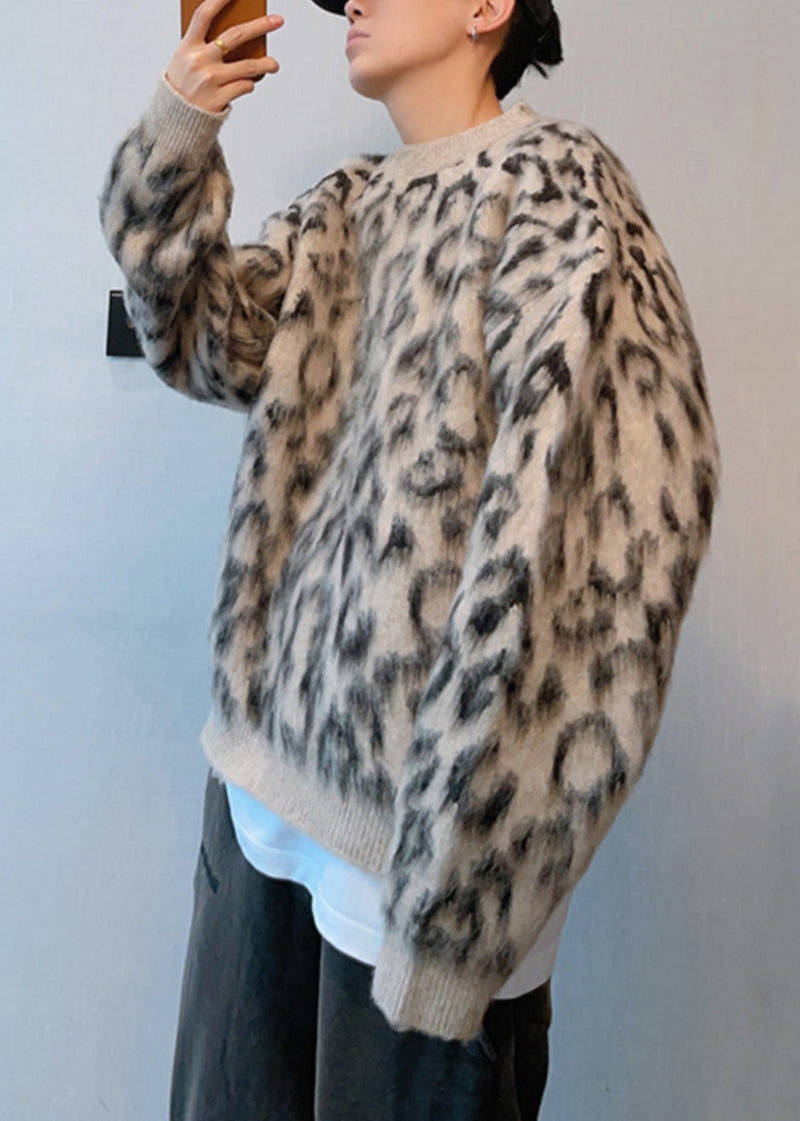 Stylish Leopard O-neck Oversized Knit Sweaters Winter