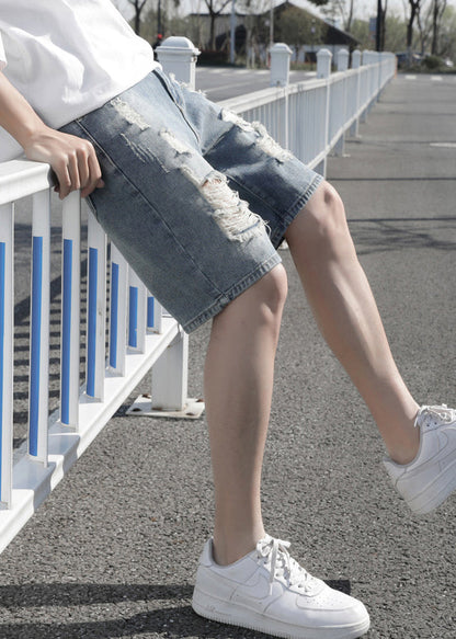 Stylish Light Blue Hole High Waist Denim Shorts Summer