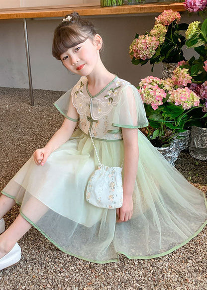 Stylish Light Green Embroideried Wrinkled Patchwork Tulle Kids Dress Summer